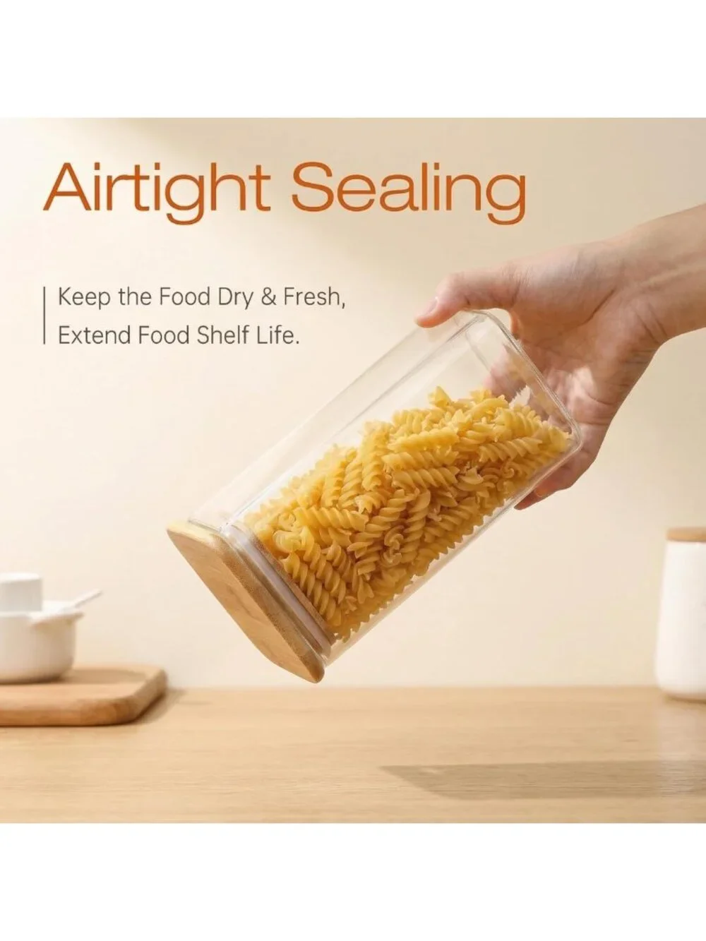 5 Pack Airtight Square Glass Storage Jars with Bamboo Lids for Kitchen